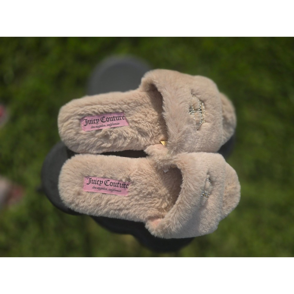 Juicy Couture Women's Pink Faux Fur Slide Slippers Rhinestone Crown - Picture 4 of 9